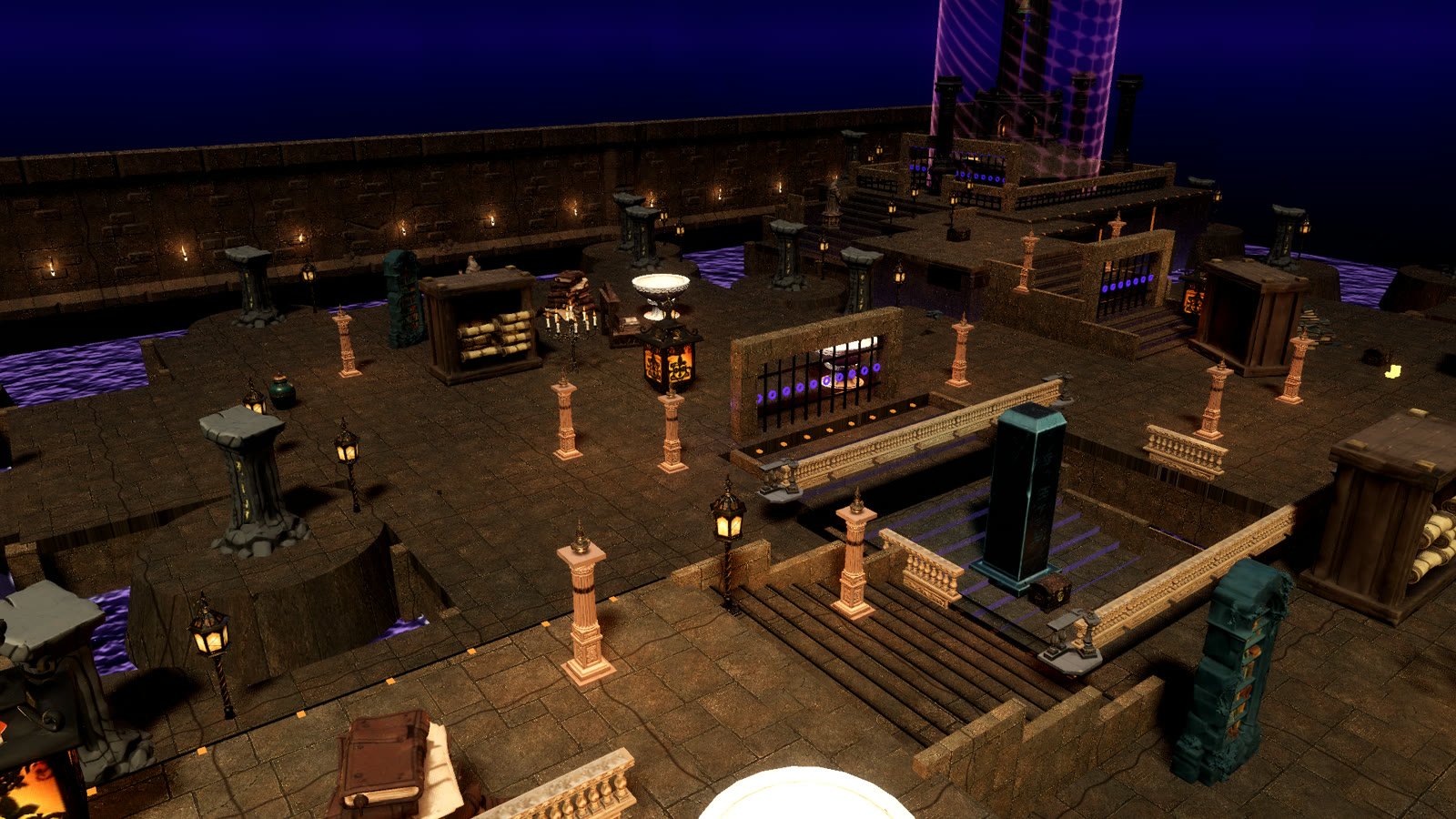 The Scriptorium: lantern-lit galleries over channels of glowing ink