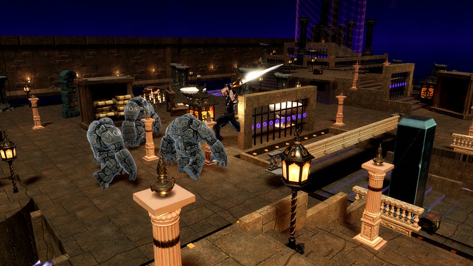 Stone sentinels close on the envoy across the lantern plaza