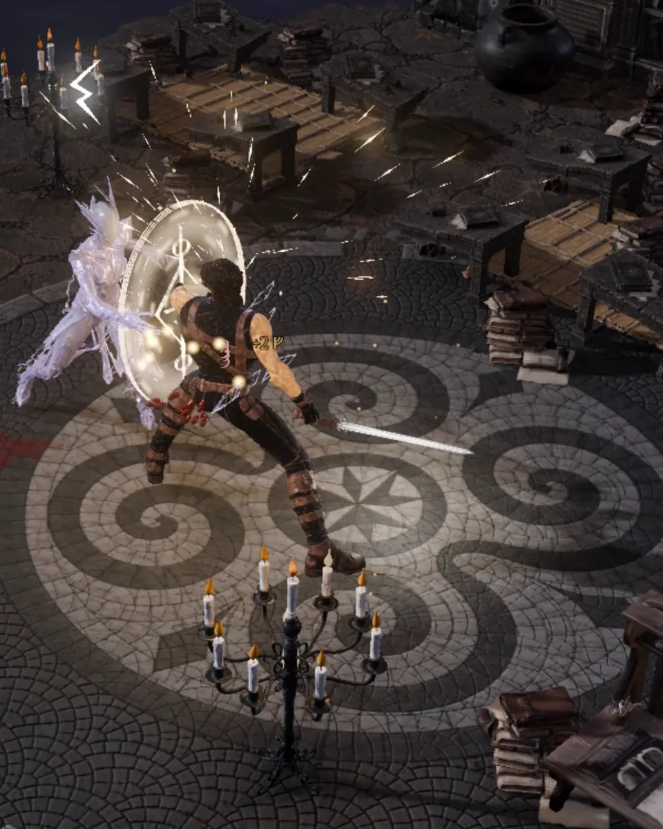 The Echo Shade, pale as smoke, strikes at the envoy's shield