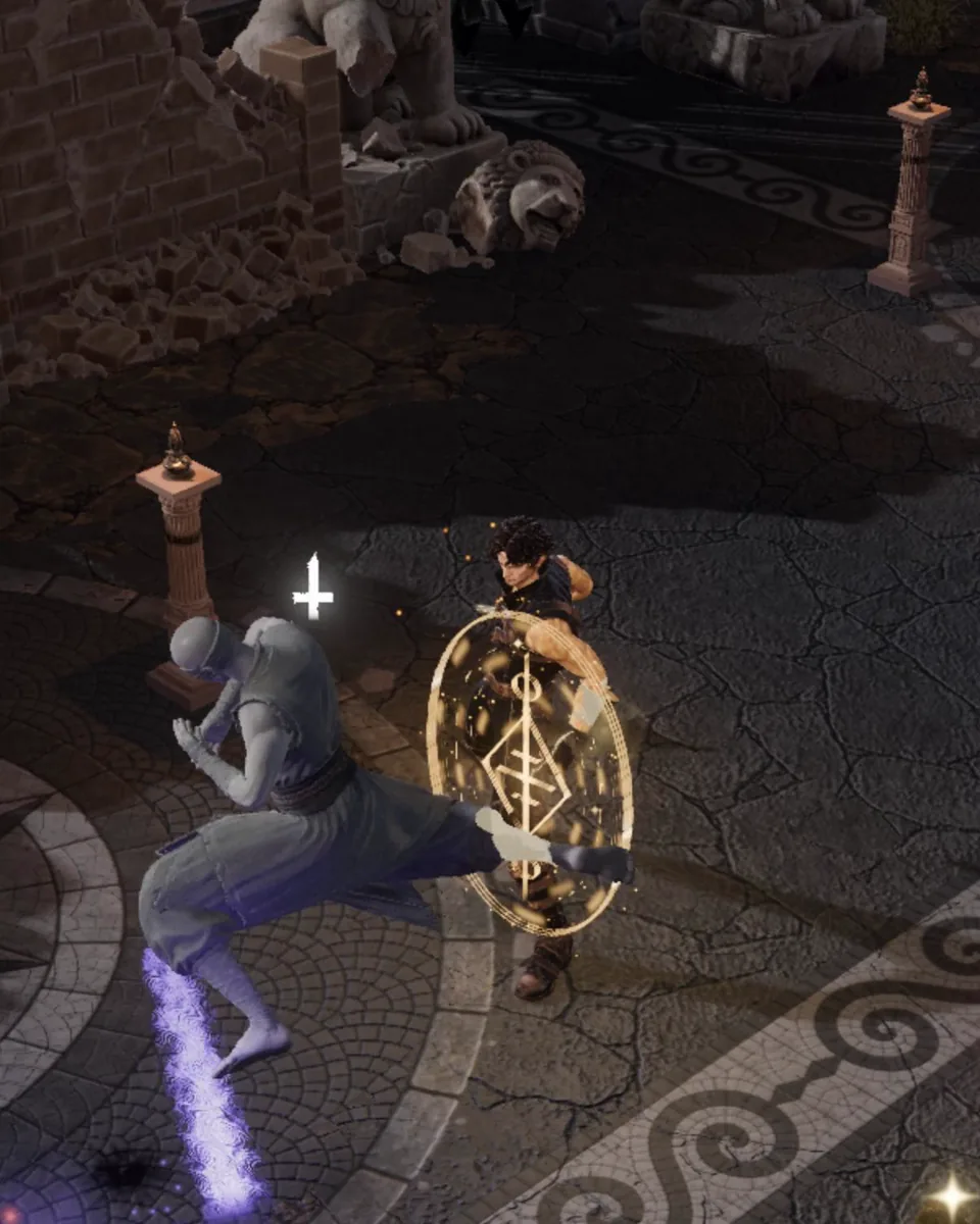 The Wordless kicks into the envoy's raised shield