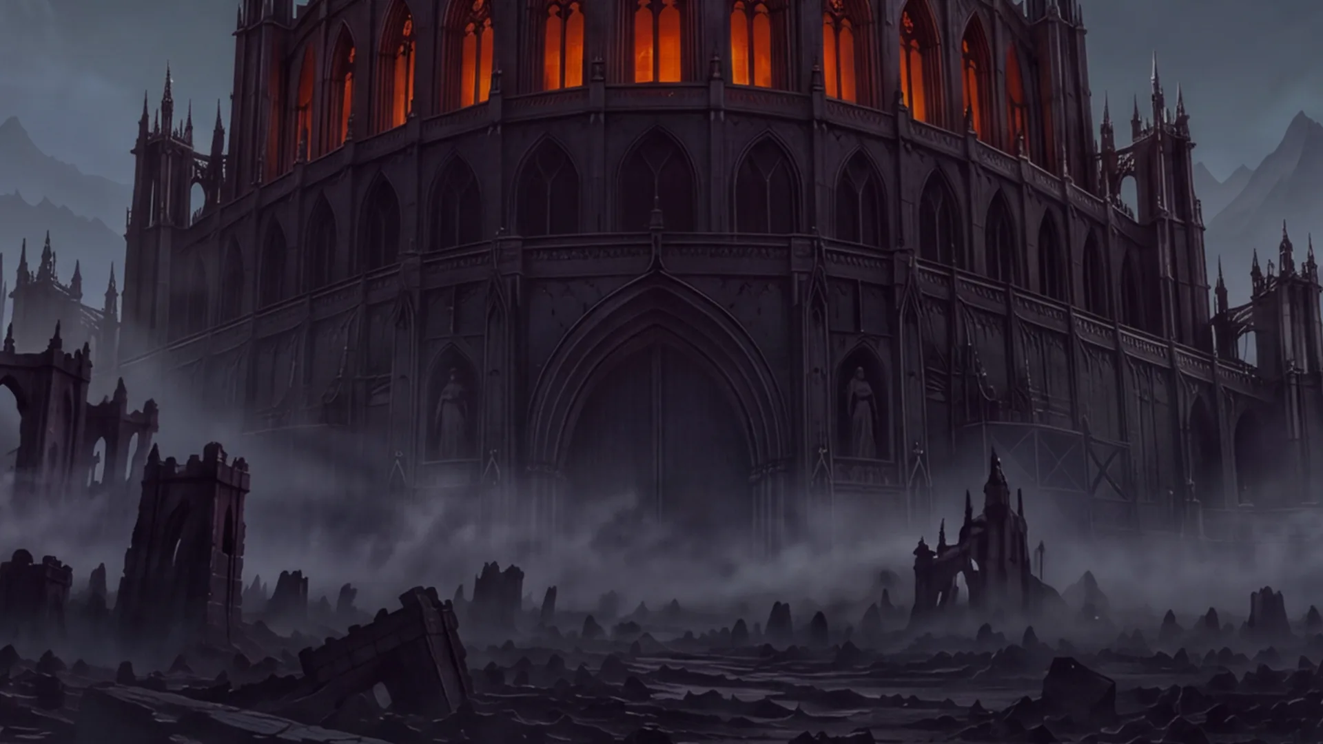 The gate of the Tower of Babel at night, its forge windows burning above