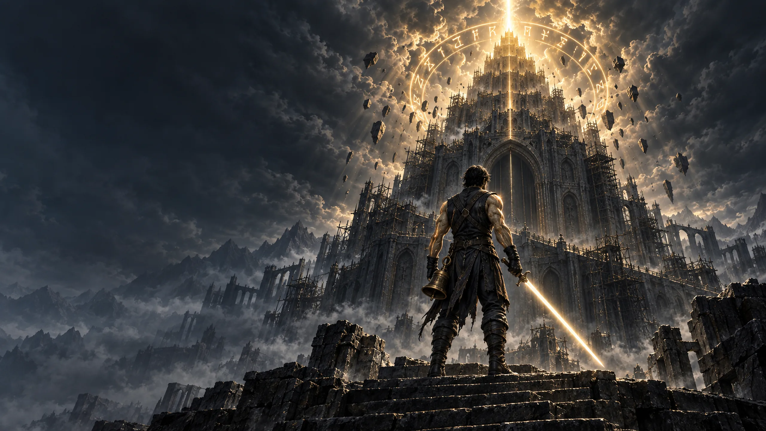 The Envoy stands on broken stairs before the Tower of Babel, a blade of light in one hand and a bell in the other