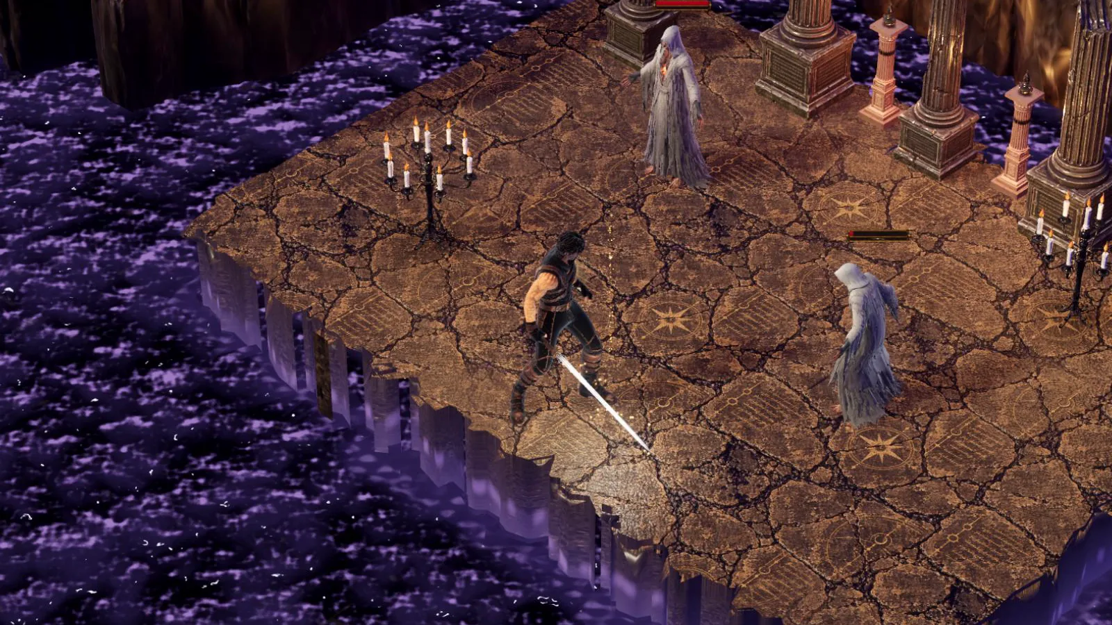 The envoy on a ledge over the sea of ink, two casters waiting