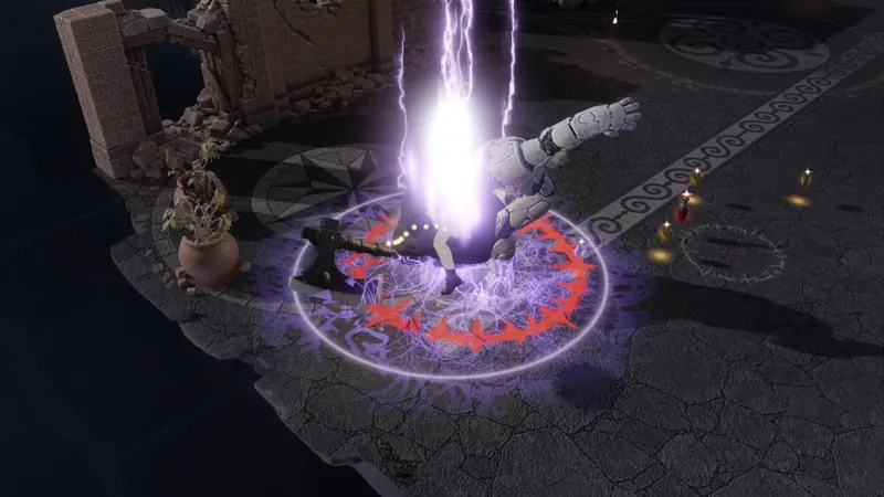 The sentinel's slam comes down in violet lightning on its red ring of thorns