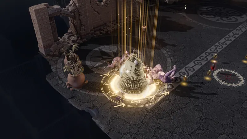 The Knell: a bell falls from the sky in a ring of golden letters over a fallen horde