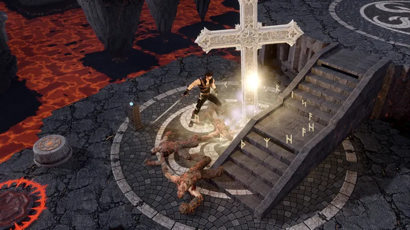 In Hoc Signo Vinces: the Cross stands driven into the stone beside the envoy, over the Forge's lava, its foes fallen at his feet