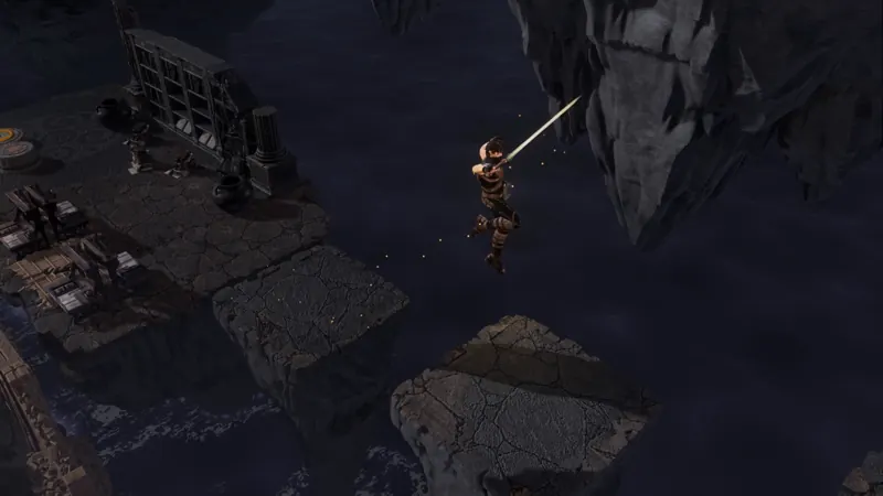 The envoy in mid-leap between stones, over the sea of ink