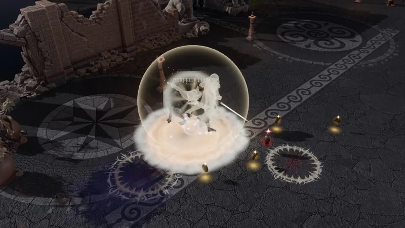 A perfect dash: the envoy and his foe turn pale inside a sphere of light