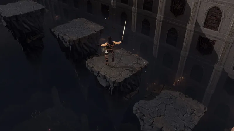 The envoy on a floating island before the Scriptorium's library wall