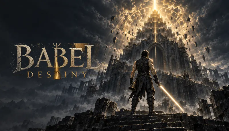 Title art: the Tower of Babel at night, its windows burning, the Babel Destiny wordmark before it