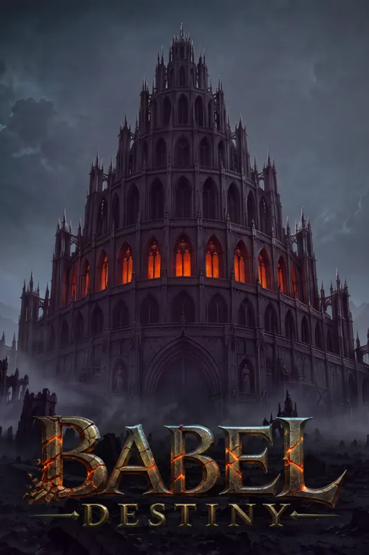 Portrait art: the Tower of Babel at night, the wordmark below