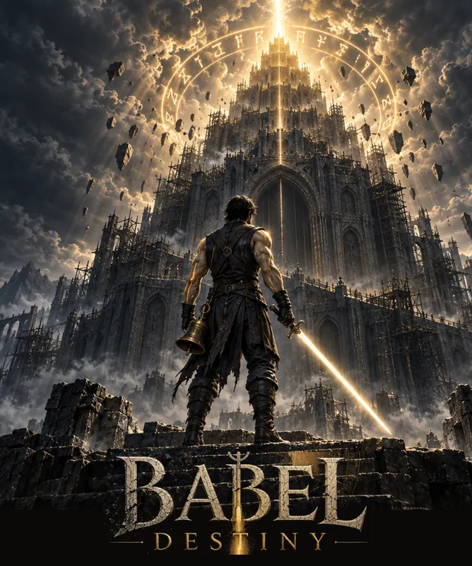 Vertical art: the Tower of Babel at night, the wordmark below