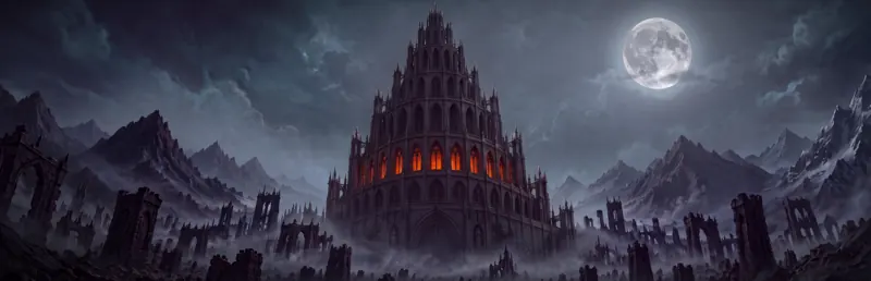 Wide art without logo: the Tower of Babel at night over a field of ruins