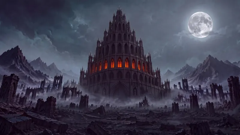 The Tower of Babel at night over a field of ruins, its forge windows burning